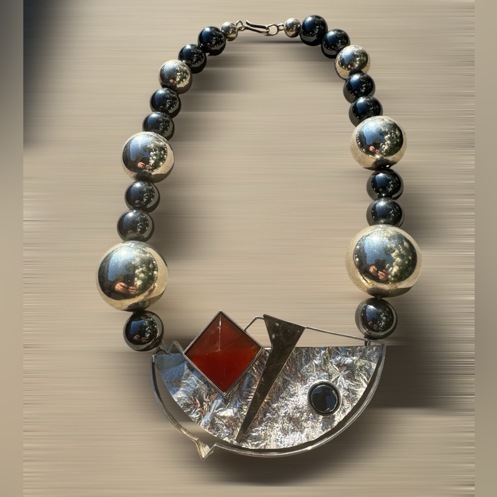 Vintage Statement Heavy Necklace 925 Silver, 14K Gold, Hematite Beads - Picture 6 of 7
